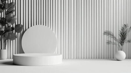 A black sphere rests perfectly balanced on a circular white pedestal, contrasting sharply with a backdrop of vertical black and white stripes, creating a striking visual composition.の素材