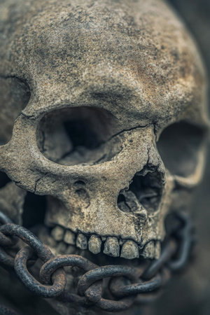 A weathered human skull rests in a dimly lit setting, partially obscured by rusted chains, creating a haunting and macabre ambiance that suggests themes of mortality and the passage of time.の素材