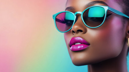 A woman showcases her style with brightly colored sunglasses, highlighting her bold makeup and confident expression. The vivid background enhances the lively atmosphere of the moment.の素材