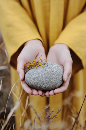 A person dressed in a bright yellow robe kneels in tall grass, gently holding a gray stone adorned with small white flowers, creating a serene connection with nature.の素材