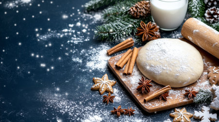 A smooth ball of cookie dough rests on a wooden cutting board surrounded by cinnamon sticks, star anise, and holiday decorations. A glass of milk sits nearby, ready for holiday baking.の素材