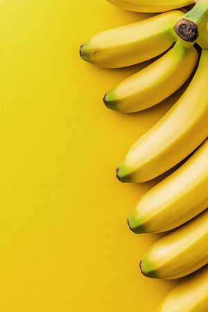 A collection of ripe yellow bananas is neatly arranged in a row against a bright yellow background, creating an inviting and cheerful visual that highlights their freshness.の素材