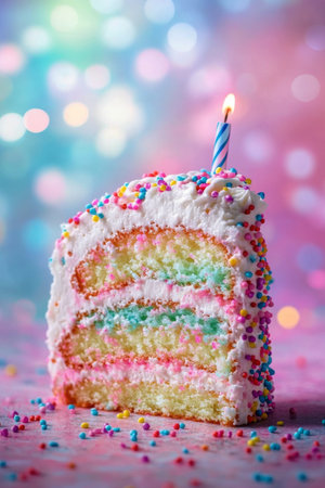 A colorful slice of birthday cake features layers of pastel hues, topped with white frosting and sprinkles. A single candle sits poised, against a bright, festive backdrop.の素材