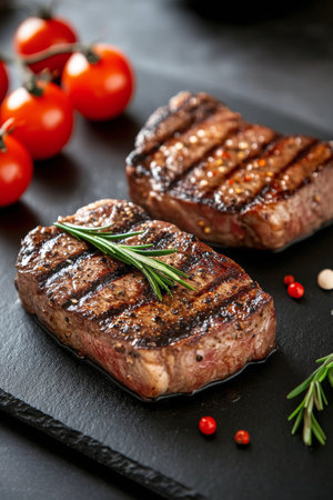 Two perfectly grilled steaks are displayed on a slate platter, garnished with fresh rosemary and colorful pepper. Juicy cherry tomatoes accompany the dish, highlighting its appeal.の素材