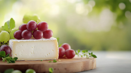 A cheese block sits on a wooden board, adorned with fresh grapes and green herbs. Sunlight filters softly through leaves, creating a tranquil ambiance for this appetizing arrangement.の素材