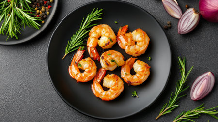 Succulent grilled shrimp are arranged on a sleek black plate, accompanied by slices of red onion and sprigs of fresh herbs, creating an appetizing presentation perfect for any dining occasion.の素材