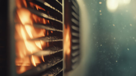 Flames erupt near a metal grate, sending sparks flying in the air, creating a dramatic and intense atmosphere that captures the raw power of fire.の素材