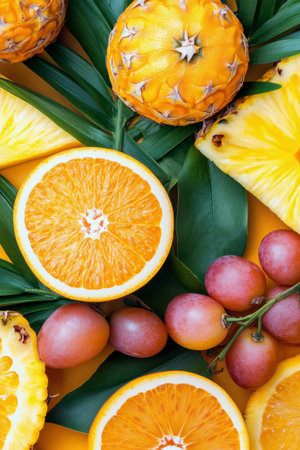Assorted tropical fruits like pineapple, oranges, and grapefruit are artistically arranged on a vibrant yellow background, showing their bright colors and textures.の素材