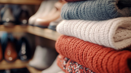 A collection of neatly folded sweaters in various colors and patterns sits on a wooden shelf, while shoes are organized on a lower display. The warm atmosphere invites shoppers to browse.の素材