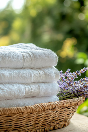 Freshly arranged white towels sit neatly in a wicker basket, complemented by a sprig of lavender, creating a calming and tranquil atmosphere in a lush green outdoor space.の素材