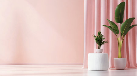 A modern living area features soft pink walls, large windows casting shadows, and potted plants enhancing the decor. The bright atmosphere suggests a welcoming and stylish environment.の素材