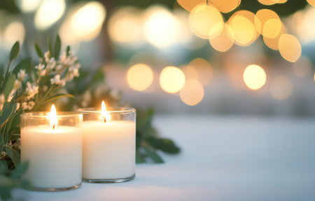 A collection of glowing candles fills the table with warm light, accompanied by green foliage that adds a touch of nature, creating a serene atmosphere in a calm evening setting.の素材