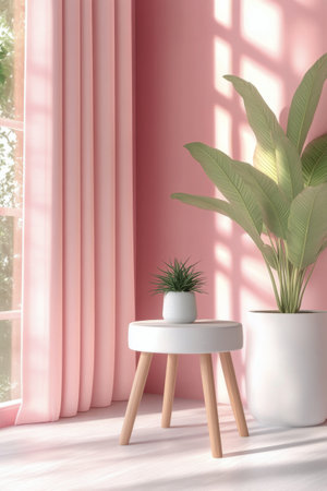 A stylish corner of a room features a pink wall, a tall potted plant, and a round white stool. Sunlight filters through the window, casting intricate shadows on the floor.の素材