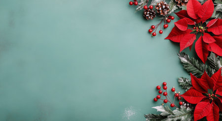 Bright red and green leaves with berries are artistically placed on a soft green backdrop, creating a festive atmosphere perfect for holiday celebrations.の素材