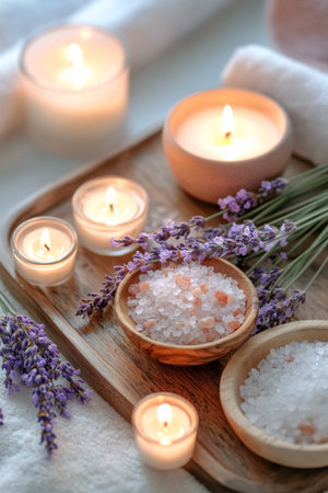 A spa arrangement features lavender sprigs, glowing candles, and pink bath salts on a wooden tray, creating a serene atmosphere for relaxation and self-care moments.の素材