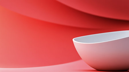 A contemporary white ceramic bowl rests elegantly on a bold red surface, highlighting its minimalist design and smooth curves. Perfect for adding style to any setting or table.の素材