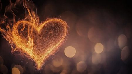 A heart shape emerges from vibrant flames and swirling smoke, creating a stunning visual representation of passion and emotion, set against a dark background that enhances the fiery colors.の素材