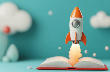 A vibrant rocket is launching from the pages of an open book, symbolizing imagination and creativity. The whimsical backdrop features fluffy clouds and soft colors, creating an inspiring atmosphere.の素材