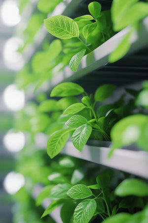 Vertical hydroponic systems feature lush green plants arranged in neat rows under soft artificial lighting, demonstrating innovative indoor farming techniques in a contemporary setting.の素材