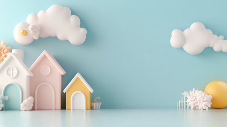 A collection of pastel-colored miniature houses in various shapes and sizes set against a bright blue sky filled with fluffy clouds, evoking a cheerful and playful atmosphere.の素材