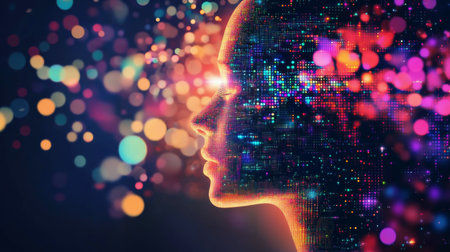 A colorful, abstract representation of a human silhouette filled with bright lights and digital patterns. It captures the essence of technology and human creativity in a captivating way.の素材