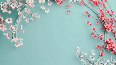 Soft pink cherry blossoms bloom gracefully along the edges of a calming blue backdrop, creating a tranquil atmosphere perfect for spring celebrations and artistic designs.の素材