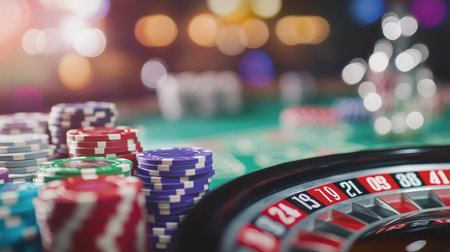A lively casino atmosphere showcases a roulette table surrounded by stacks of colorful chips. Players engage in a thrilling game, with soft lights creating a festive ambiance.の素材