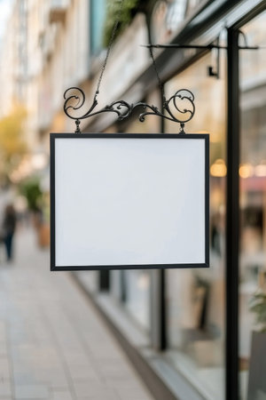 A decorative blank sign is suspended from an ornate bracket along a charming street. Vibrant autumn leaves surround the scene, contributing to a warm, inviting atmosphere.の素材