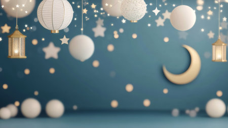 Soft lighting from decorative lanterns and paper lanterns illuminates a tranquil blue background, featuring stars and a crescent moon that create a magical ambiance perfect for events.の素材