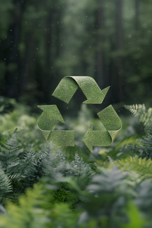 A vibrant recycling symbol, made of green material, is placed on the forest floor surrounded by ferns. The peaceful natural setting highlights the importance of sustainability and conservation.の素材