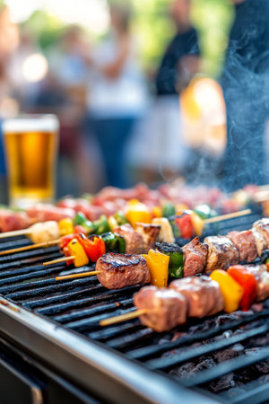 Skewers of marinated meat and vibrant vegetables sizzle on the grill, filling the air with savory aromas at a lively outdoor barbecue on a warm day with friends.の素材