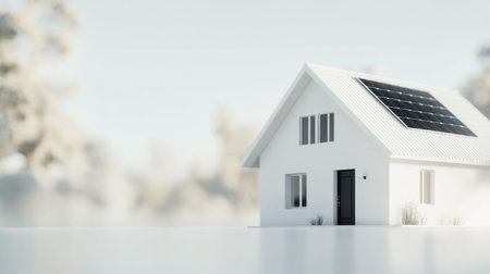 A contemporary white house features solar panels on the roof, set against a minimalist background with sparse vegetation. The bright setting enhances the house's clean design.の素材