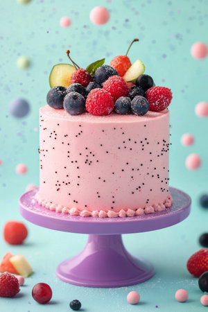 A beautifully crafted fruit cake with a smooth pink icing, adorned with fresh raspberries, blueberries, and tropical fruits, sits on a pastel-colored cake stand against a soft backdrop.の素材