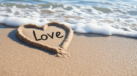 A heart shape drawn in sandy beach with the word love inside it, surrounded by gentle ocean waves on a sunny day, highlighting a serene and romantic atmosphere.の素材
