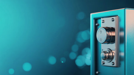 A hand reaches for a shiny round door knob, preparing to open a vibrant teal door in a contemporary entryway. The scene captures the moment of anticipation before entering.の素材