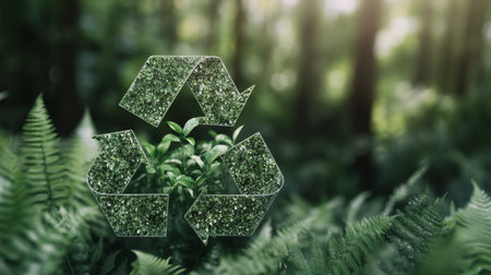 The recycling symbol crafted from green material stands prominently among vibrant ferns in a sunlit forest. This scene emphasizes sustainability and nature's beauty.の素材