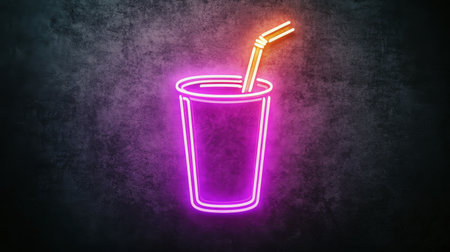 A vibrant neon pink cup with a blue straw stands out against a dark and textured background, creating an eye-catching visual. The glowing design adds a modern touch to the nighttime ambiance.の素材