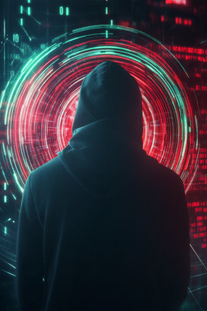 A solitary figure wearing a hoodie stands with their back turned, surrounded by a vibrant display of colorful digital data streams at night, creating an aura of intrigue and secrecy.の素材