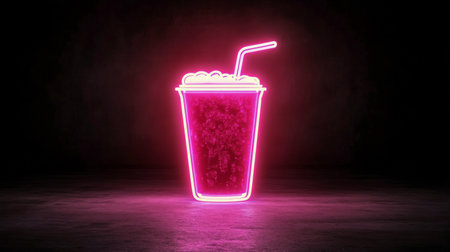 A vibrant neon pink cup with a blue straw stands out against a dark and textured background, creating an eye-catching visual. The glowing design adds a modern touch to the nighttime ambiance.の素材
