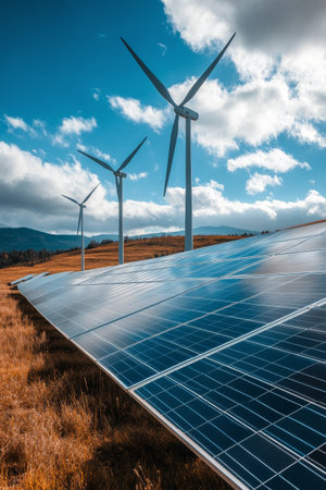 Wind turbines spin gently on a hillside while solar panels reflect the golden sunset. This harmonious view showcases the importance of renewable energy in a sustainable future.の素材