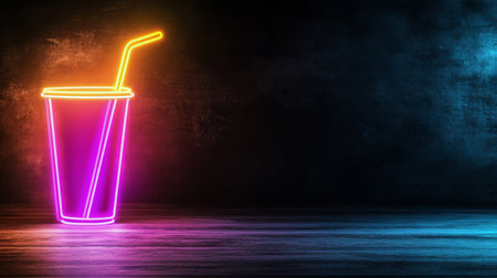 A vibrant neon pink cup with a blue straw stands out against a dark and textured background, creating an eye-catching visual. The glowing design adds a modern touch to the nighttime ambiance.の素材