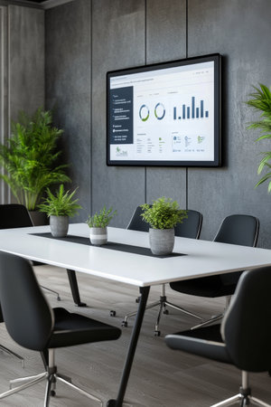 A modern meeting room features a sleek white table surrounded by black chairs, with potted plants adding greeneryの素材