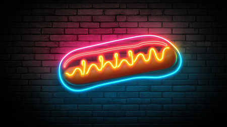 This striking neon sign of a hot dog glows against a textured brick wall, showing bright colors and playful curves, adding an energetic vibe to the nighttime atmosphere of the city.の素材