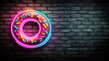 A bright neon donut, surrounded by colorful sprinkles, radiates a playful glow against a dark brick wall, creating an inviting and cheerful ambiance perfect for casual gatherings or cafes.の素材