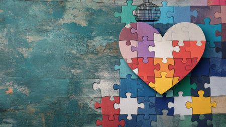 A vibrant heart made of puzzle pieces stands out against a blue textured background, complemented by an artistic birdcage above, creating a playful and creative atmosphere.の素材