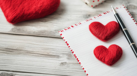 A cozy arrangement features two red felt hearts next to a pen and a blank piece of paper, set against a softly illuminated background, suggesting a romantic letter-writing moment.の素材