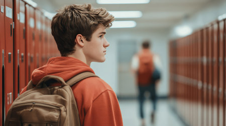 A student in a red hoodie carries a backpack while walking down a bustling school corridor filled with lockers. Other students can be seen in the background, engaged in conversation.の素材