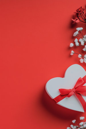 A heart-shaped gift box adorned with a red ribbon rests on a bright red surface, accompanied by decorative berries. The arrangement creates a festive atmosphere perfect for celebrations.の素材
