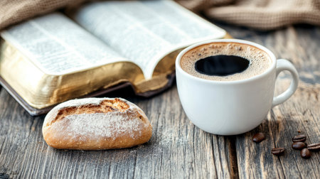A warm cup of coffee sits on a saucer next to an open book and a pastry on a rustic wooden table, creating a cozy atmosphere for enjoying a relaxing moment.の素材