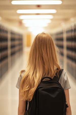 A student with long blonde hair walks down a nearly empty school hallway lined with lockers. The muted light reflects the calm atmosphere after classes.の素材